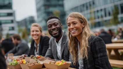 Obraz premium Group of three professionals enjoying lunch outdoors at a modern urban setting, with healthy food in eco-friendly containers on wooden picnic tables