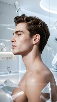Side profile of a handsome modern man with a sharp jawline amidst floating geometric glass prisms. High-end aesthetic medicine concept with minimal clinical elegance and soft studio lighting.
