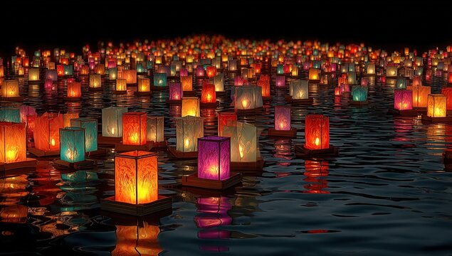 Colorful floating lanterns illuminated on a dark water surface, creating a serene and enchanting scene during a nighttime festival celebration