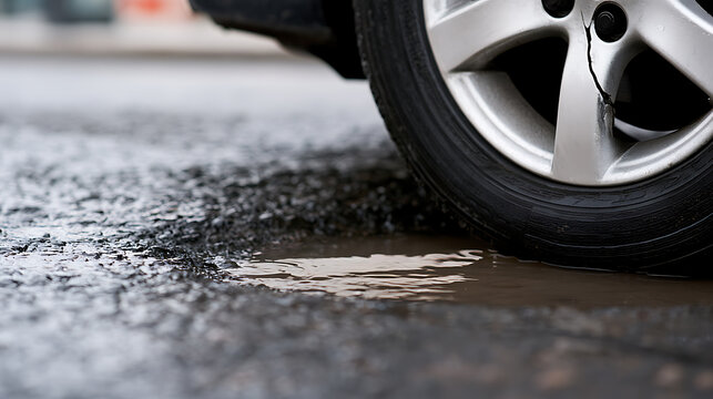 Close-up of a damaged vehicle wheel and tire on wet asphalt with a small puddle, highlighting maintenance needs and road conditions