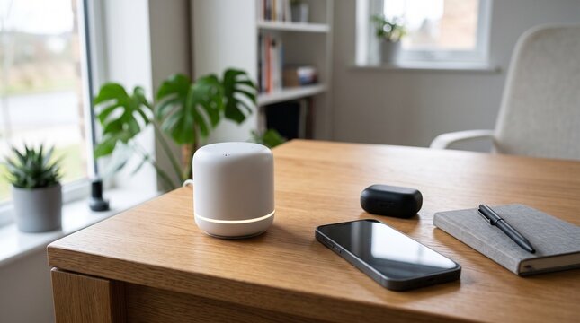 Smart home voice assistant sits on a wooden desk next to a modern smartphone and black wireless earbuds during daylight