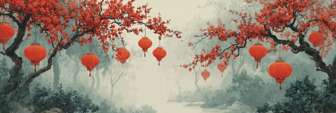 Red lanterns hanging from branches of flowering trees in a misty landscape, creating a serene atmosphere with a river flowing through the background