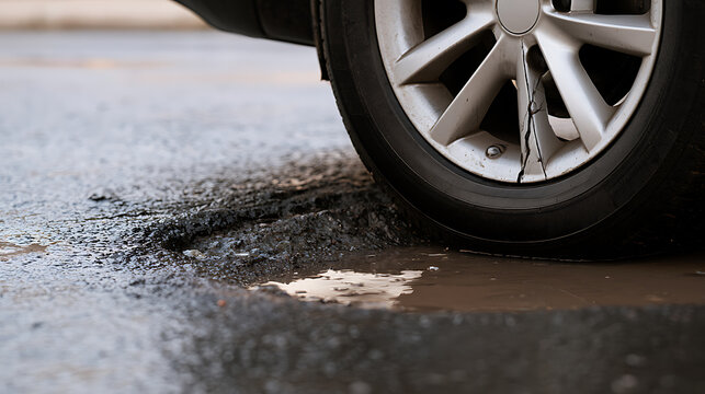 Vehicle Wheel and Tire Near a Pothole with Water, Indicating Road Damage and Potential Automobile Troubles on a Wet Street