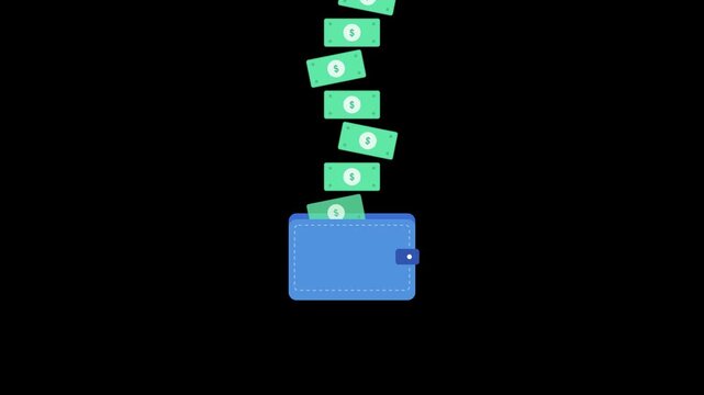 Animation of Money Bills Falling into a Blue Wallet on Black Background.