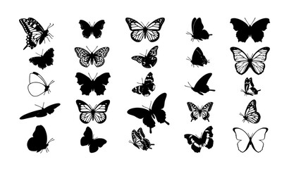 Obraz premium Diverse Butterfly Silhouettes Black and White Vector Illustration Set