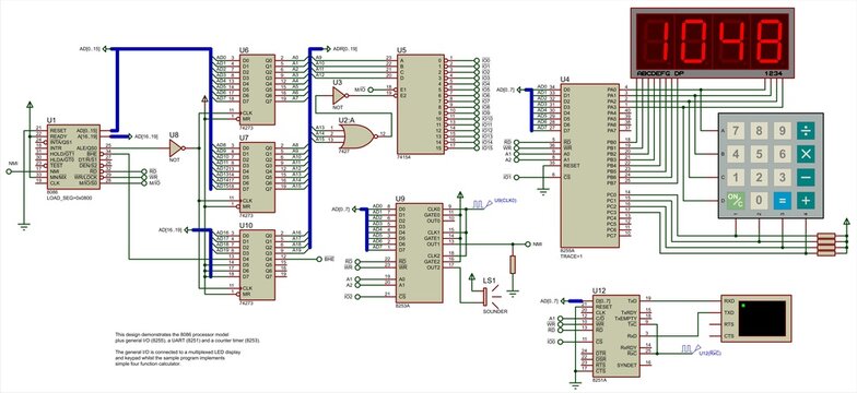 Electrical schematic diagram of integer
calculator based on microcontroller. Displaying
the pressed keyboard keys and results
of mathematical operations on seven-segment display.