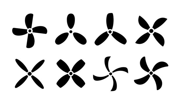Black fan blade vector icons set showcasing diverse propeller designs for various air moving devices.