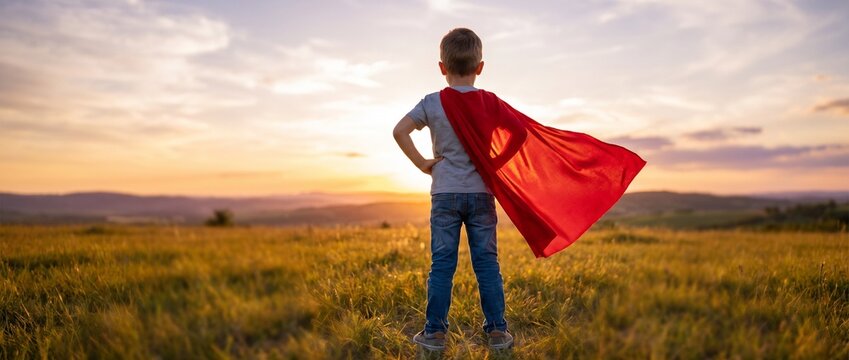 Young Heroic Boy Wearing a Red Cape Standing in a Sunny Field at Sunset Chasing His Big Dreams