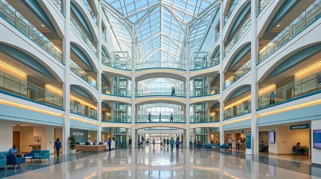 Bright and spacious modern hospital atrium with colorful accents and natural light flooding in