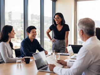 Cheerful diverse business team collaborating in a bright modern office meeting, discussing ideas and laughing together. © YULIN STUDIO