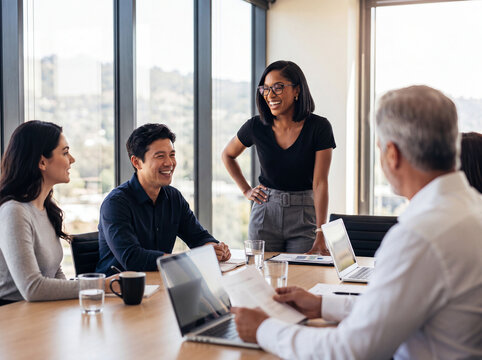 Cheerful diverse business team collaborating in a bright modern office meeting, discussing ideas and laughing together.