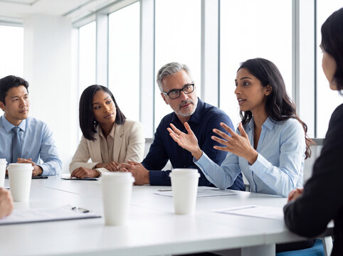 A diverse group of business professionals engaged in an interactive discussion in a modern office meeting room.