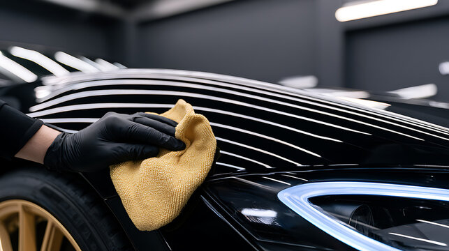 Professional automotive care: a person in black gloves carefully clean and polish a sleek vehicle surface with a soft yellow microfiber towel