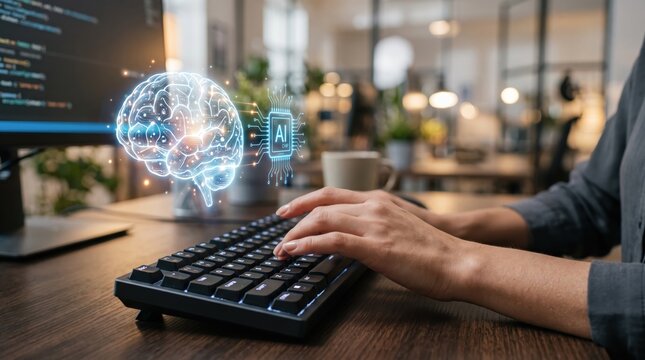 Artificial intelligence showing glowing brain and AI chip icon over computer keyboard, neural network programming and machine learning technology development for future digital