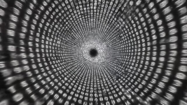 A digital tunnel formed by glowing white binary code numbers