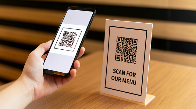 Modern Restaurant Experience: Hand Hold Smartphone Scan QR Code for Digital Menu on Table Top in Bright Cafe Setting