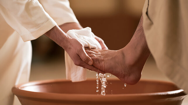 A Person with Bare Feet Receiving a Cleansing Wash in a Basin, Symbolizing Humility, Service, and Ritual Purity, with Gentle Hands