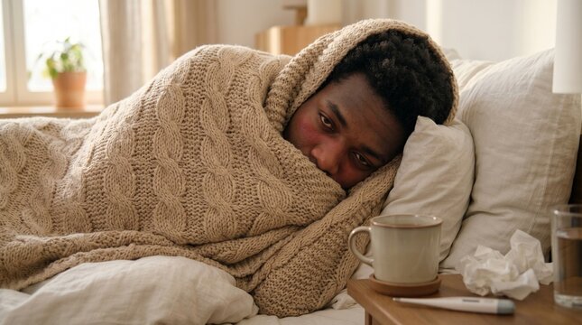 Sick young african american man resting in bed wrapped in a warm beige knitted blanket