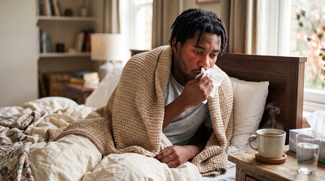 Sick young man with red flushed skin holding tissue while lying in bed wrapped blankets