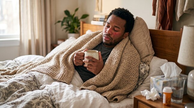 Sick young man resting in cozy bedroom bed wrapped in a warm knitted beige wool blanket
