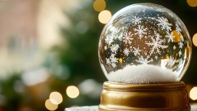 Clear snowy crystal ball on table with small lights in the background.