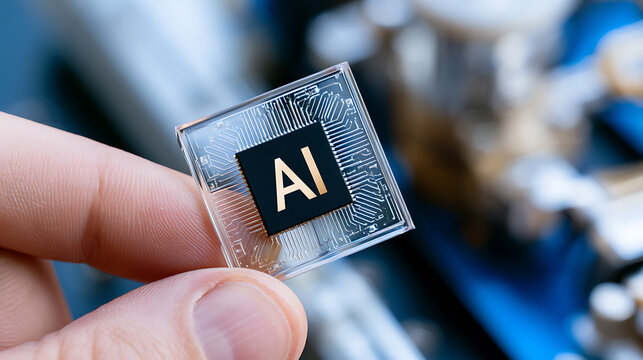 Human Hand Hold Tiny Futuristic Artificial Intelligence Microchip, Golden AI Text on Dark Chip, Advanced Quantum Computing Concept