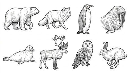 Obraz premium Arctic Animals Black and White Illustration Collection