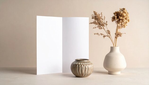 Blank folded card mockup with dried flowers in ceramic vase and rustic textured bowl for stationery branding display
