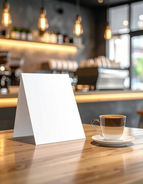 Blank white paper table tent sign mockup sitting on a wooden cafe table beside a cappuccino, restaurant menu display, advertising promotion space