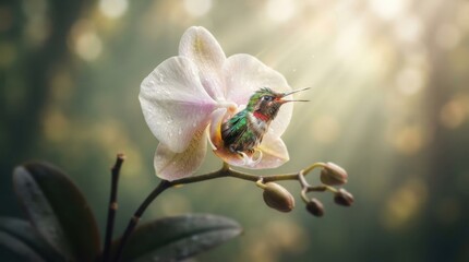 Fototapeta premium Hummingbird resting inside a white orchid flower