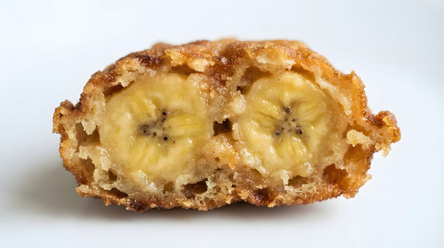 Cross section close up of a single maruya, sliced fried banana fritter from Philippines on white background