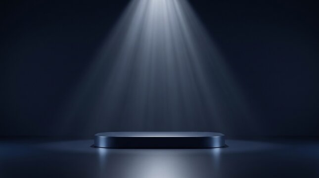 Minimalist dark product display pedestal illuminated by a bright spotlight for premium advertising.