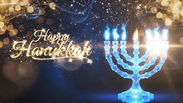 Lit glass menorah with Happy Hanukkah text on bokeh background
