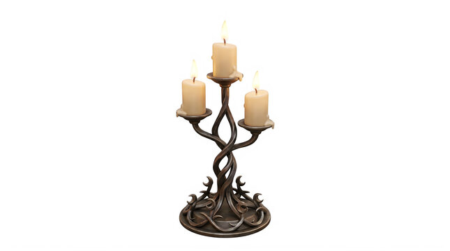 Black iron candelabra with lit candles as isolated element