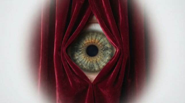 Human eye peeking through parted red velvet curtains