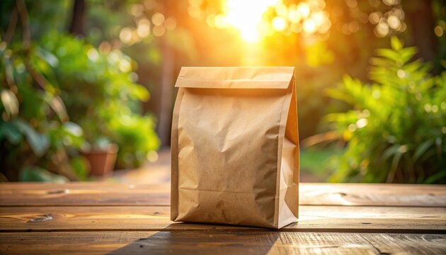 brown paper bag on wooden table in sunny garden, takeaway food delivery, sustainable packaging, eco-friendly snack