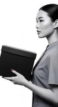 Young Asian woman in uniform holding a black box, looking intently to the side, isolated on a white background.