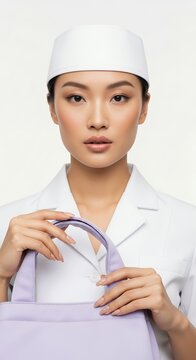 Young Asian woman in white uniform holding a purple bag, looking directly at the camera with a neutral expression.