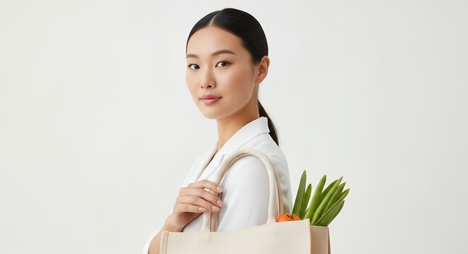 Young Asian woman with reusable shopping bag full of fresh vegetables, promoting sustainable living and healthy eating habits.