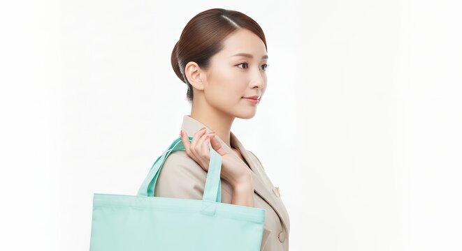 Young Asian Woman with Shopping Bag Looking Away Thoughtfully.