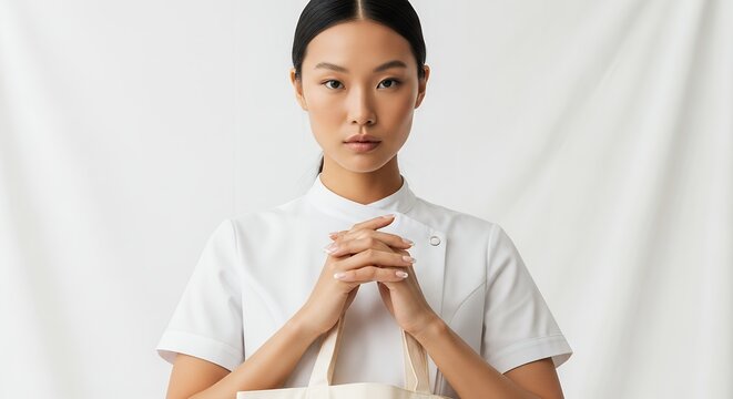 Young Asian woman with serious expression holding a reusable tote bag.