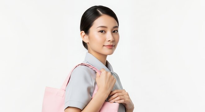 Young asian woman with shopping bag posing against white background