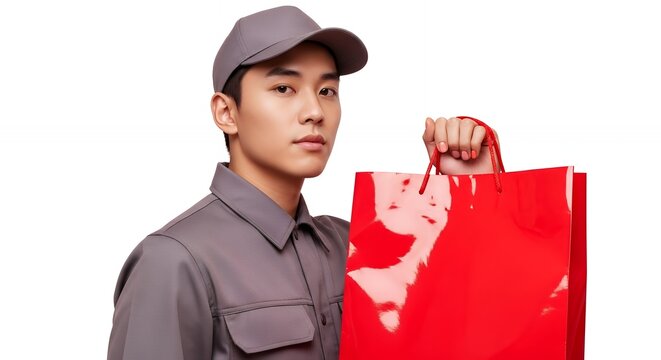 Young delivery person holding red shopping bag isolated on white