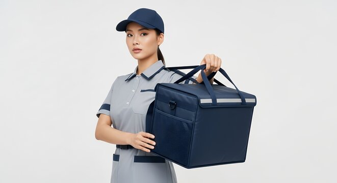 Young female delivery person in uniform holding a large insulated bag, ready to deliver food or goods.