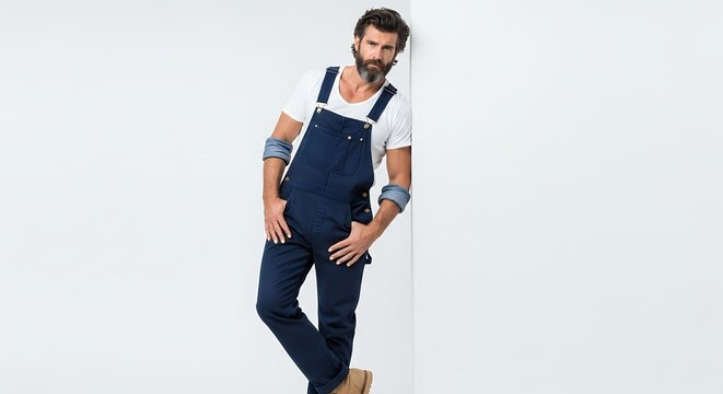 Young handsome bearded man wearing denim overalls and white t-shirt, leaning against a white wall, looking at the camera with a serious expression.