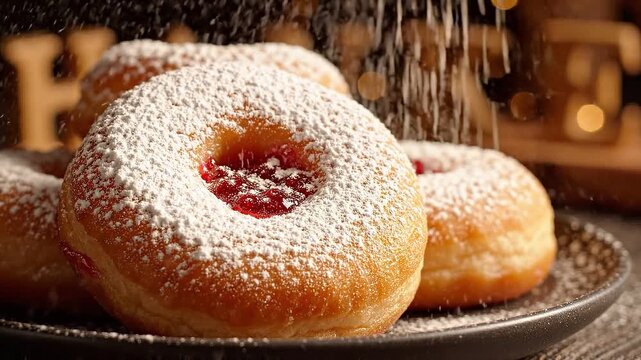 Sugar being sprinkled over freshly baked jelly donuts on a plate. Sweet pastry dessert preparation for celebration. Delicious snack with jam and powdered sugar.