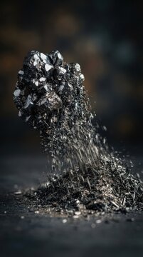 Crystalline hematite ore mineral cluster with falling particles