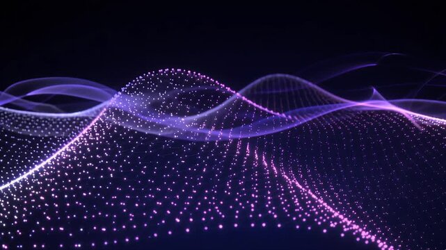 Glowing purple digital particles flowing in a smooth wave motion for modern abstract background video footage