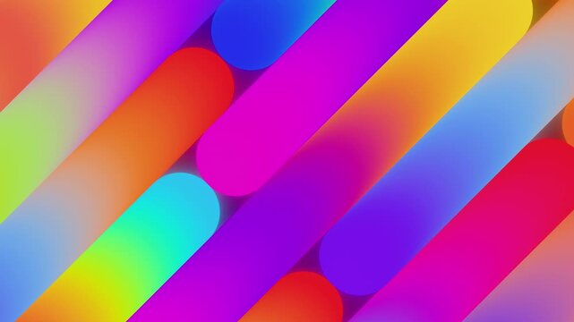 Futuristic seamless loop animation of colorful neon capsule bars moving slowly and diagonally, abstract geometric full frame elegant kinetic backdrop on black 3d render