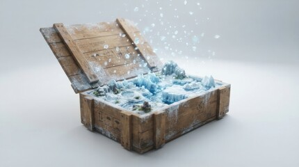 Fototapeta premium Wooden crate with miniature frozen arctic landscape inside